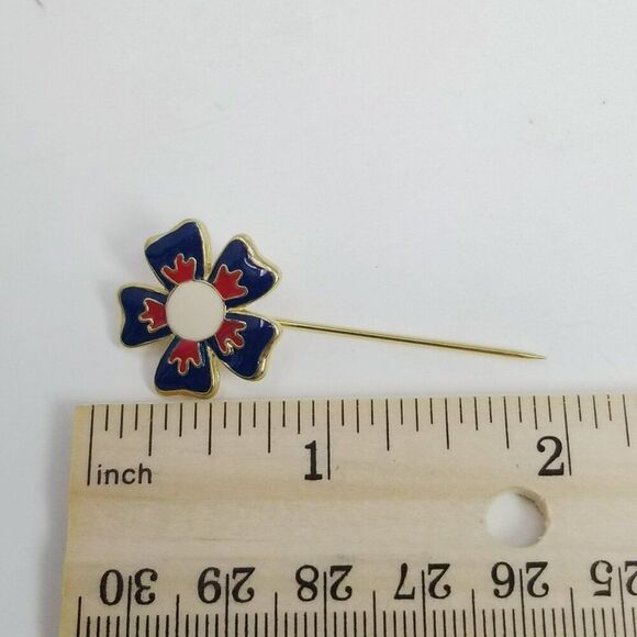Vintage Red White Blue Enamel Flower Stick Pin, Floral Brooch, Estate - Picture 5 of 8